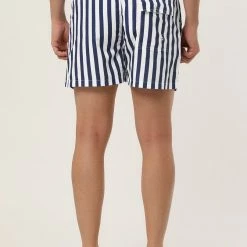 Allegra K Men's Summer Striped Mesh Lining Drawstring Waist Swim Shorts With Pockets