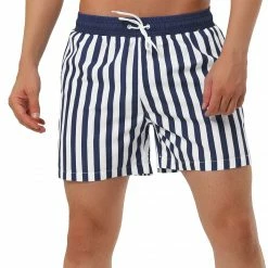 Allegra K Men's Summer Striped Mesh Lining Drawstring Waist Swim Shorts With Pockets