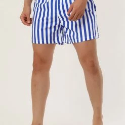 Allegra K Men's Summer Striped Mesh Lining Drawstring Waist Swim Shorts With Pockets