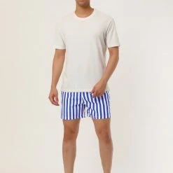 Allegra K Men's Summer Striped Mesh Lining Drawstring Waist Swim Shorts With Pockets
