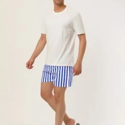 Allegra K Men's Summer Striped Mesh Lining Drawstring Waist Swim Shorts With Pockets