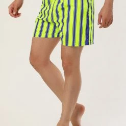 Allegra K Men's Summer Striped Mesh Lining Drawstring Waist Swim Shorts With Pockets