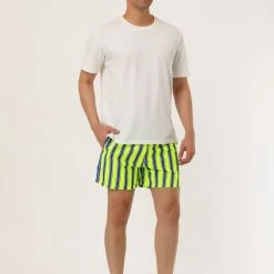 Allegra K Men's Summer Striped Mesh Lining Drawstring Waist Swim Shorts With Pockets