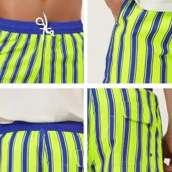 Allegra K Men's Summer Striped Mesh Lining Drawstring Waist Swim Shorts With Pockets