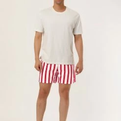 Allegra K Men's Summer Striped Mesh Lining Drawstring Waist Swim Shorts With Pockets
