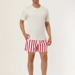 Allegra K Men's Summer Striped Mesh Lining Drawstring Waist Swim Shorts With Pockets