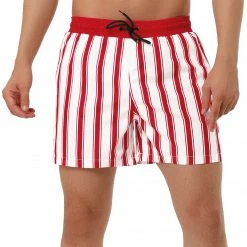 Allegra K Men's Summer Striped Mesh Lining Drawstring Waist Swim Shorts With Pockets