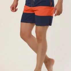 Allegra K Men's Striped Color Block Mesh Lining Swim Beach Board Shorts