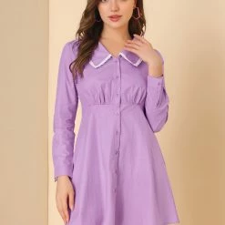 Allegra K Women's Casual Peter Pan Collar Long Sleeve Cotton Button Front Shirt Dress