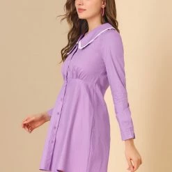 Allegra K Women's Casual Peter Pan Collar Long Sleeve Cotton Button Front Shirt Dress
