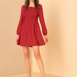 Allegra K Women's Long Sleeve Dots Ruffle Dress