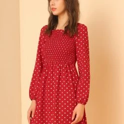 Allegra K Women's Long Sleeve Dots Ruffle Dress