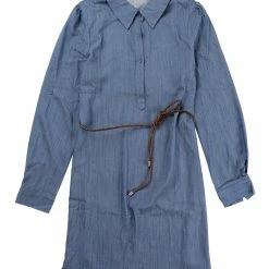 Allegra K Women's Turndown Collar Puff Long Sleeve Belted Chambray Shirt Dress