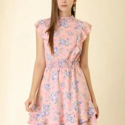 Allegra K Women's Ruffles Floral Printed Mock Neck Tiered Smocked Dress 26 Allegra K Women's Ruffles Floral Printed Mock Neck Tiered Smocked Dress