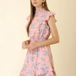 Allegra K Women's Ruffles Floral Printed Mock Neck Tiered Smocked Dress 27 Allegra K Women's Ruffles Floral Printed Mock Neck Tiered Smocked Dress