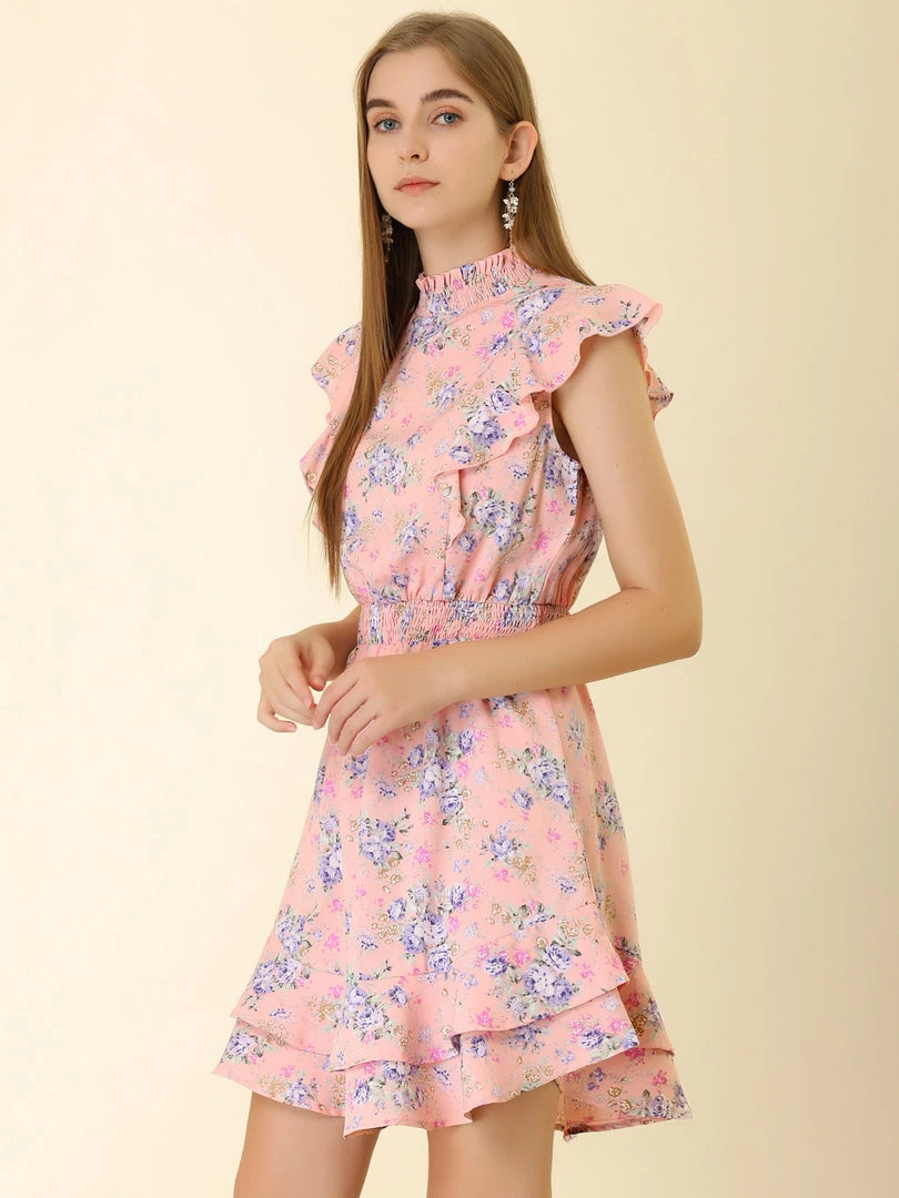 Allegra K Women's Ruffles Floral Printed Mock Neck Tiered Smocked Dress 14 Allegra K Women's Ruffles Floral Printed Mock Neck Tiered Smocked Dress