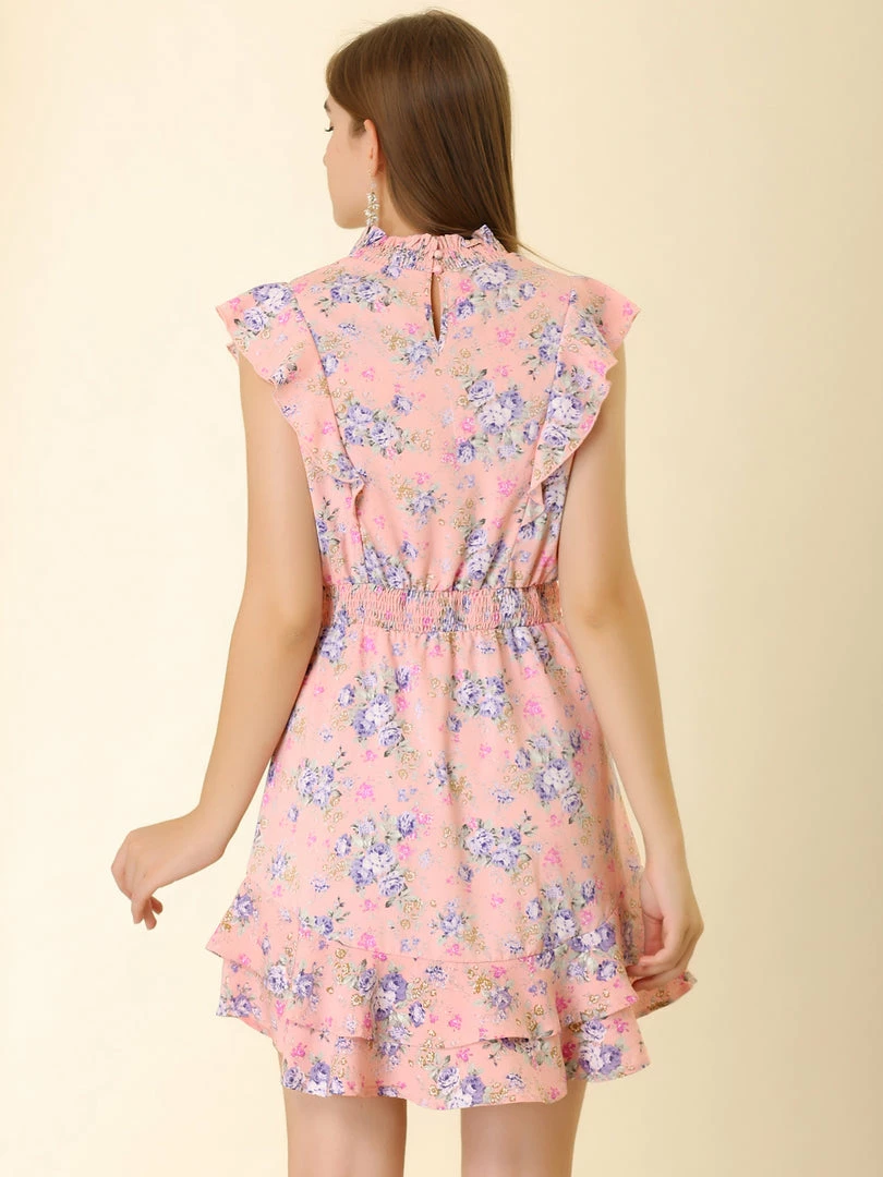 Allegra K Women's Ruffles Floral Printed Mock Neck Tiered Smocked Dress 15 Allegra K Women's Ruffles Floral Printed Mock Neck Tiered Smocked Dress