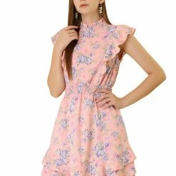 Allegra K Women's Ruffles Floral Printed Mock Neck Tiered Smocked Dress 24 Allegra K Women's Ruffles Floral Printed Mock Neck Tiered Smocked Dress