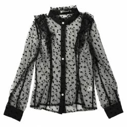 Allegra K Women's See Through 3D Embroidered Heart Button Up Ruffled Collar Sexy Mesh Blouse Shirt