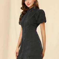 Allegra K Women's Puff Short Sleeve Button Front Mini Jean Denim Dress 51 Allegra K Women's Puff Short Sleeve Button Front Mini Jean Denim Dress
