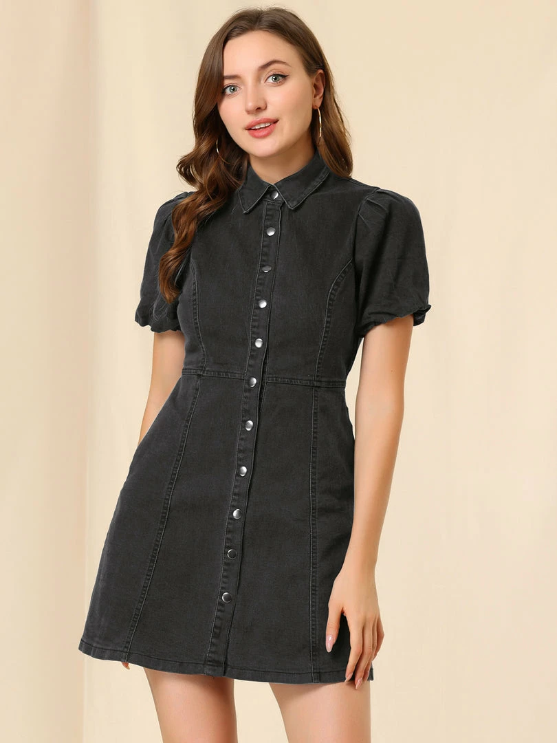 Allegra K Women's Puff Short Sleeve Button Front Mini Jean Denim Dress 24 Allegra K Women's Puff Short Sleeve Button Front Mini Jean Denim Dress