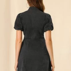 Allegra K Women's Puff Short Sleeve Button Front Mini Jean Denim Dress 54 Allegra K Women's Puff Short Sleeve Button Front Mini Jean Denim Dress