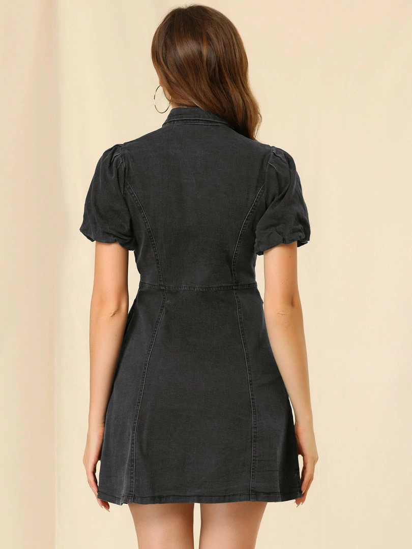 Allegra K Women's Puff Short Sleeve Button Front Mini Jean Denim Dress 25 Allegra K Women's Puff Short Sleeve Button Front Mini Jean Denim Dress