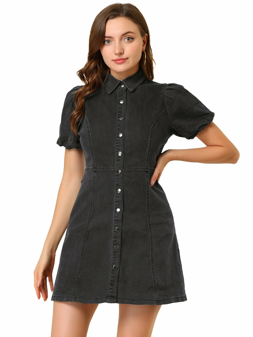 Allegra K Women's Puff Short Sleeve Button Front Mini Jean Denim Dress 21 Allegra K Women's Puff Short Sleeve Button Front Mini Jean Denim Dress