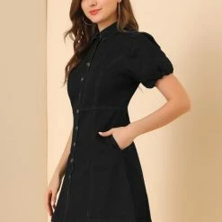 Allegra K Women's Puff Short Sleeve Button Front Mini Jean Denim Dress 57 Allegra K Women's Puff Short Sleeve Button Front Mini Jean Denim Dress