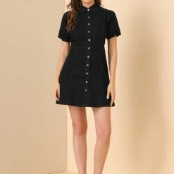 Allegra K Women's Puff Short Sleeve Button Front Mini Jean Denim Dress 58 Allegra K Women's Puff Short Sleeve Button Front Mini Jean Denim Dress