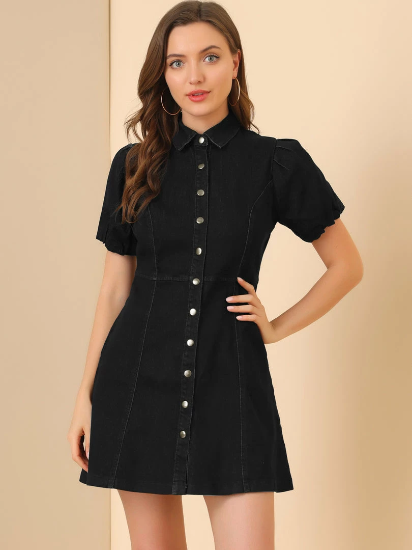 Allegra K Women's Puff Short Sleeve Button Front Mini Jean Denim Dress 30 Allegra K Women's Puff Short Sleeve Button Front Mini Jean Denim Dress
