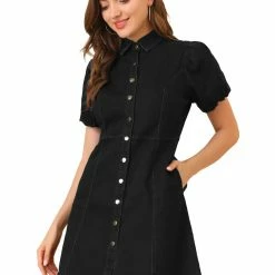 Allegra K Women's Puff Short Sleeve Button Front Mini Jean Denim Dress 56 Allegra K Women's Puff Short Sleeve Button Front Mini Jean Denim Dress