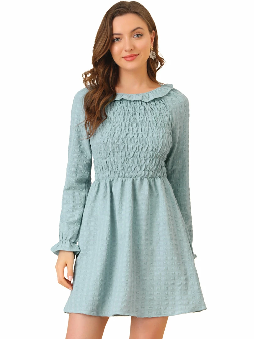 Allegra K Women's Smocked High Neck Stretch Fall Tiered Dress 4 Allegra K Women's Smocked High Neck Stretch Fall Tiered Dress