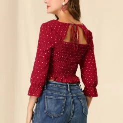 Allegra K Women's Square Neck Elegant Vintage Long Sleeves Tie Back Tops