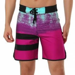 Allegra K Men's Board Shorts Summer Color Block Striped Drawstring Waist Swimwear Shorts