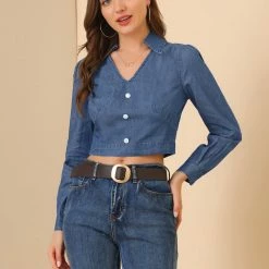 Allegra K Women's Denim Top V Neck Button Cuff Button Down Blouse