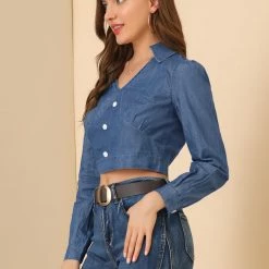 Allegra K Women's Denim Top V Neck Button Cuff Button Down Blouse