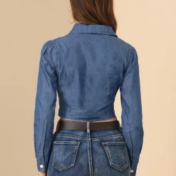 Allegra K Women's Denim Top V Neck Button Cuff Button Down Blouse