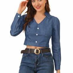 Allegra K Women's Denim Top V Neck Button Cuff Button Down Blouse
