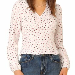 Allegra K Women's Heart Print Cute Sweet V Neck Long Sleeve Shirt Blouse