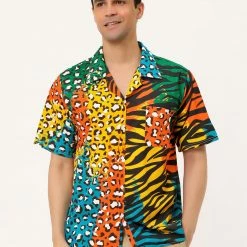 Allegra K Men's Summer Leopard Print Color Block Short Sleeves Button Down Patchwork Shirts 59 Allegra K Men's Summer Leopard Print Color Block Short Sleeves Button Down Patchwork Shirts