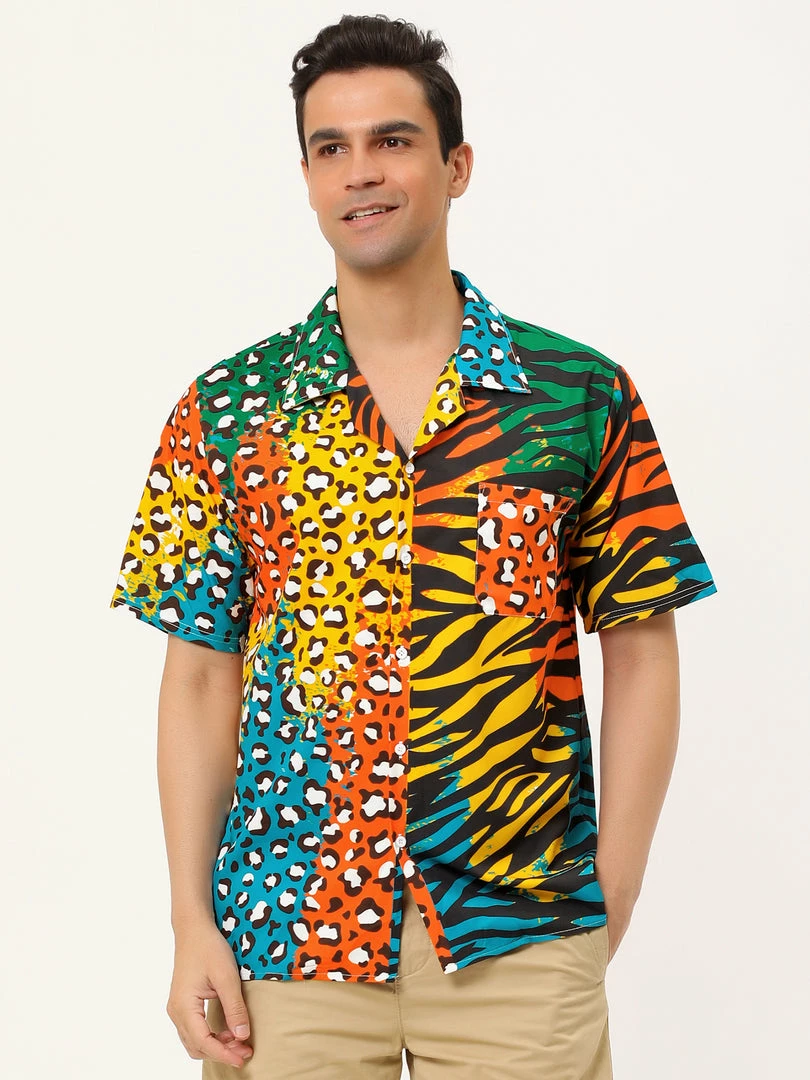 Allegra K Men's Summer Leopard Print Color Block Short Sleeves Button Down Patchwork Shirts 29 Allegra K Men's Summer Leopard Print Color Block Short Sleeves Button Down Patchwork Shirts