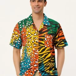 Allegra K Men's Summer Leopard Print Color Block Short Sleeves Button Down Patchwork Shirts 60 Allegra K Men's Summer Leopard Print Color Block Short Sleeves Button Down Patchwork Shirts