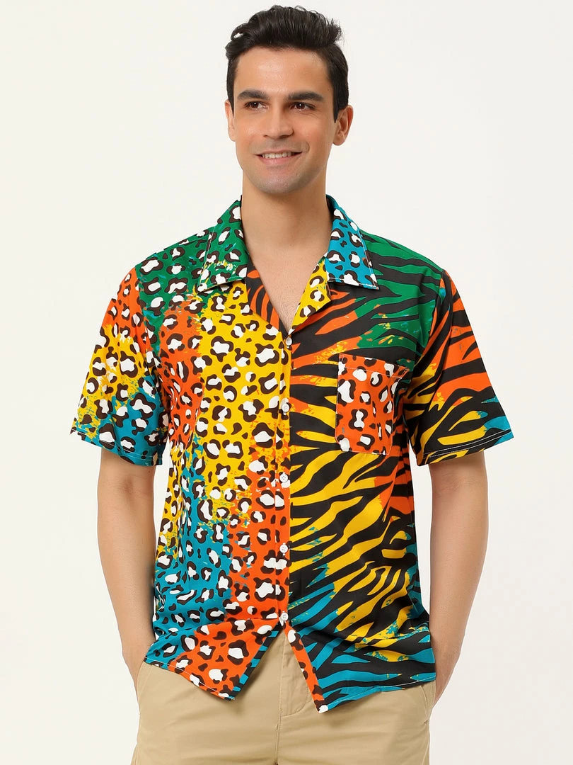 Allegra K Men's Summer Leopard Print Color Block Short Sleeves Button Down Patchwork Shirts 30 Allegra K Men's Summer Leopard Print Color Block Short Sleeves Button Down Patchwork Shirts