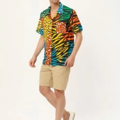 Allegra K Men's Summer Leopard Print Color Block Short Sleeves Button Down Patchwork Shirts 61 Allegra K Men's Summer Leopard Print Color Block Short Sleeves Button Down Patchwork Shirts