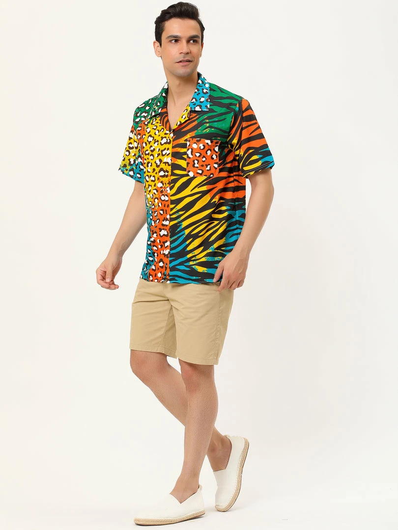 Allegra K Men's Summer Leopard Print Color Block Short Sleeves Button Down Patchwork Shirts 31 Allegra K Men's Summer Leopard Print Color Block Short Sleeves Button Down Patchwork Shirts