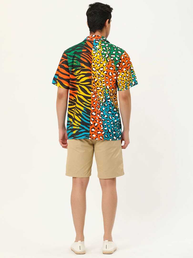 Allegra K Men's Summer Leopard Print Color Block Short Sleeves Button Down Patchwork Shirts 32 Allegra K Men's Summer Leopard Print Color Block Short Sleeves Button Down Patchwork Shirts
