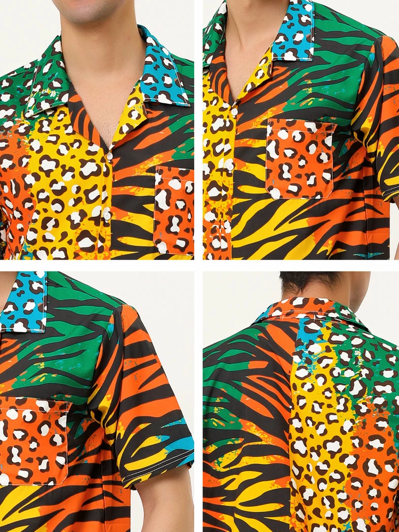 Allegra K Men's Summer Leopard Print Color Block Short Sleeves Button Down Patchwork Shirts 33 Allegra K Men's Summer Leopard Print Color Block Short Sleeves Button Down Patchwork Shirts