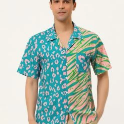 Allegra K Men's Summer Leopard Print Color Block Short Sleeves Button Down Patchwork Shirts 53 Allegra K Men's Summer Leopard Print Color Block Short Sleeves Button Down Patchwork Shirts