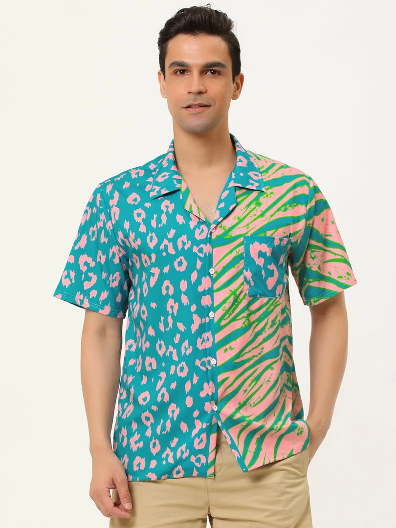Allegra K Men's Summer Leopard Print Color Block Short Sleeves Button Down Patchwork Shirts 23 Allegra K Men's Summer Leopard Print Color Block Short Sleeves Button Down Patchwork Shirts